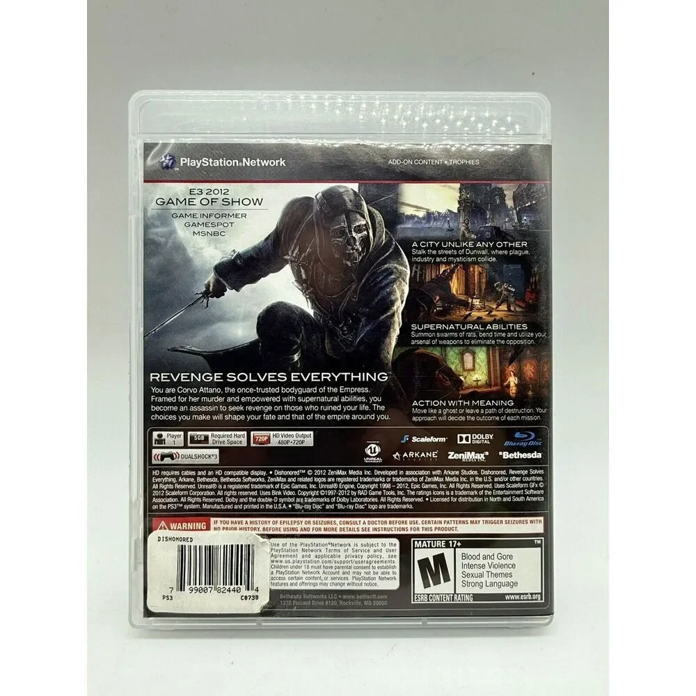 Dishonored Video Game For PlayStation 3 PS3 2012 Includes Game And‎ Case